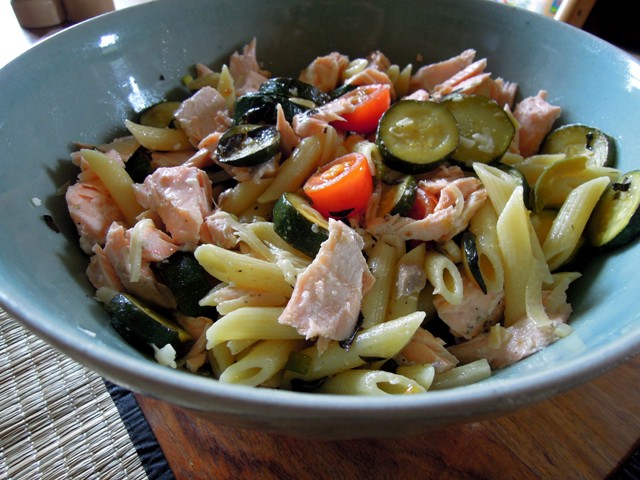 warm pasta and salmon salad