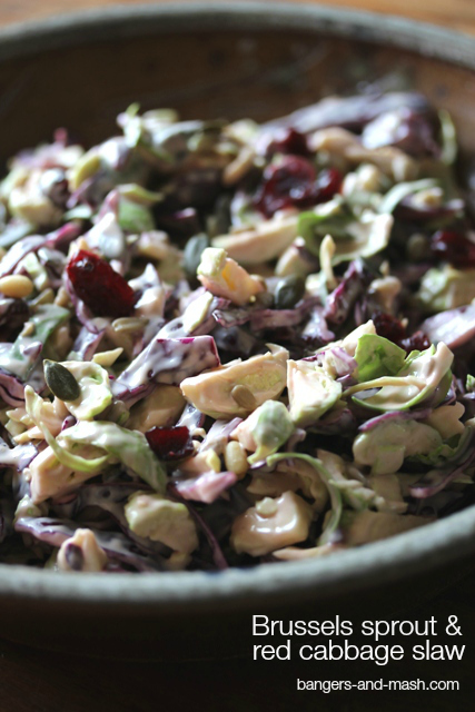 brussels sprout and red cabbage slaw text