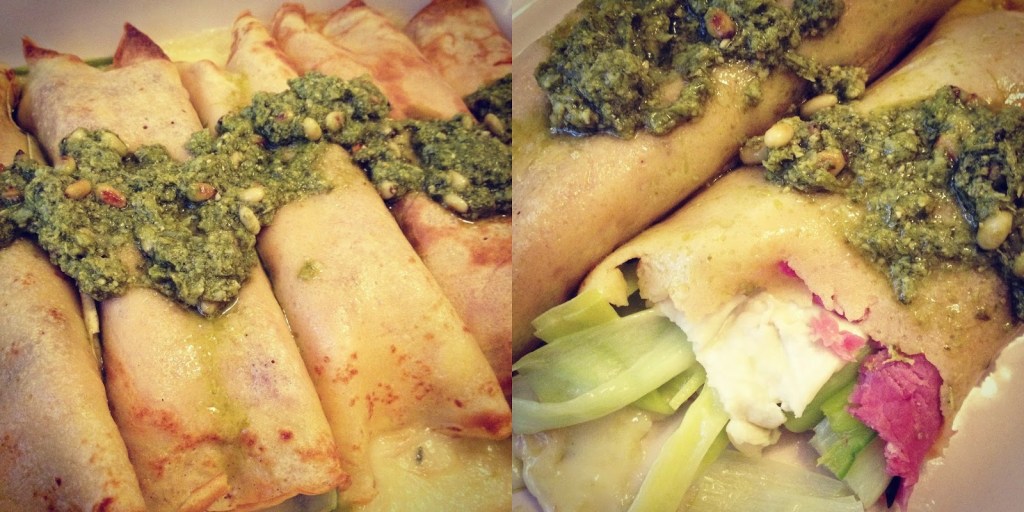 crepes with ham leeks and tallegio