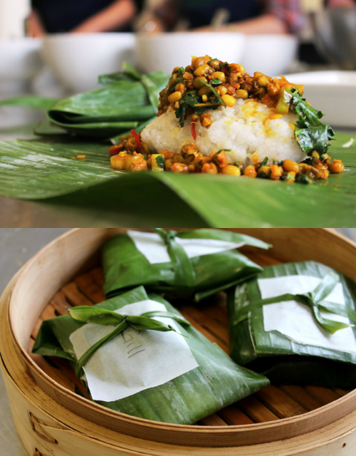 sticky rice and mung bean banana leaf parcels collage
