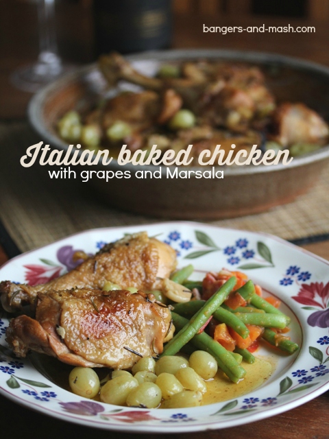 Italian baked chicken with grapes and marsala text