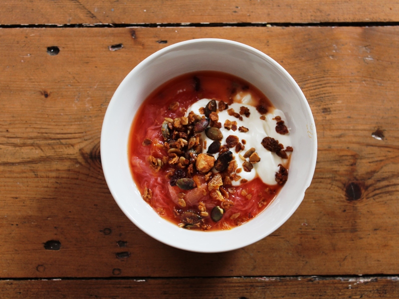 spiced rhubarb compote with whipped ricotta and granola